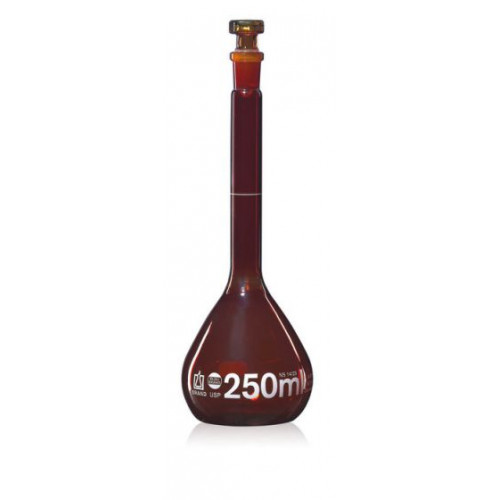 BALÃO VOLUMÉTRICO EM VIDRO AMBAR CL.A USP 200 mL COM TAMPA DE VIDRO BRAND BALÃO VOLUMÉTRICO EM VIDRO AMBAR CL.A USP 200 mL COM TAMPA DE VIDRO BRAND